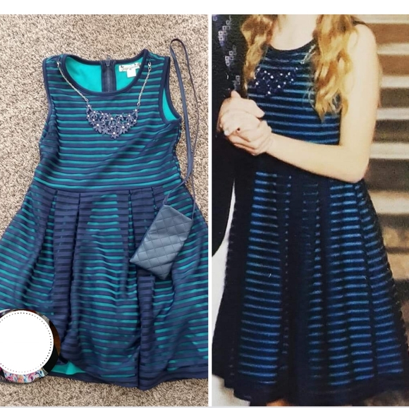 Striped Navy Blue and Teal Kids Dress - Picture 1 of 3
